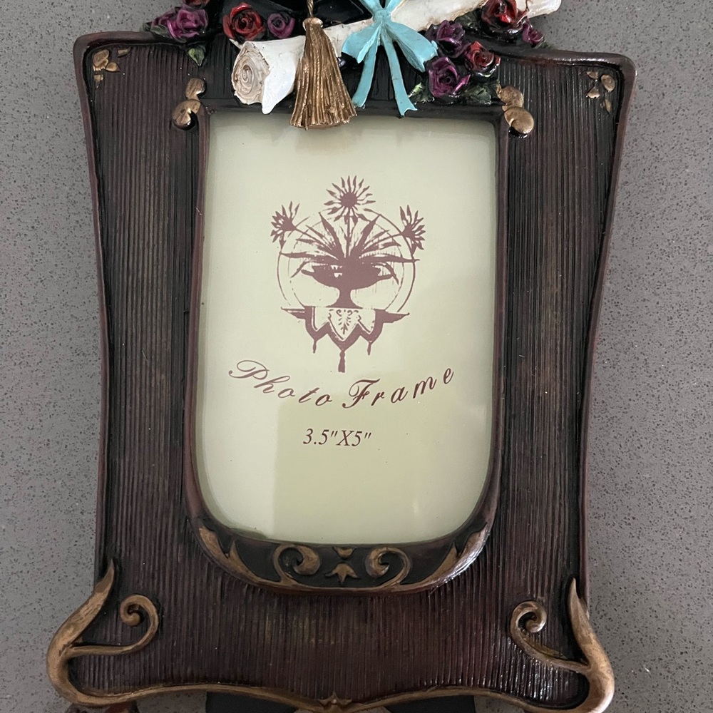 Elegant Brown and Gold Photo Frame with Blue Bow and Floral Accents